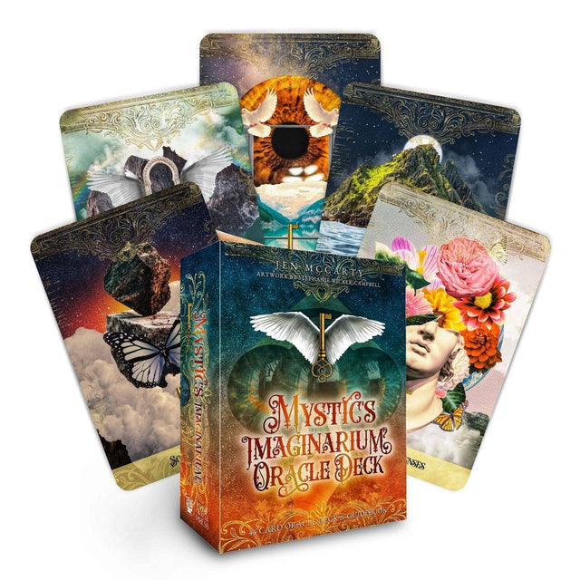 Mystics Imaginarium oracle deck with fantasy tarot cards, mystical artwork, and vibrant colors.