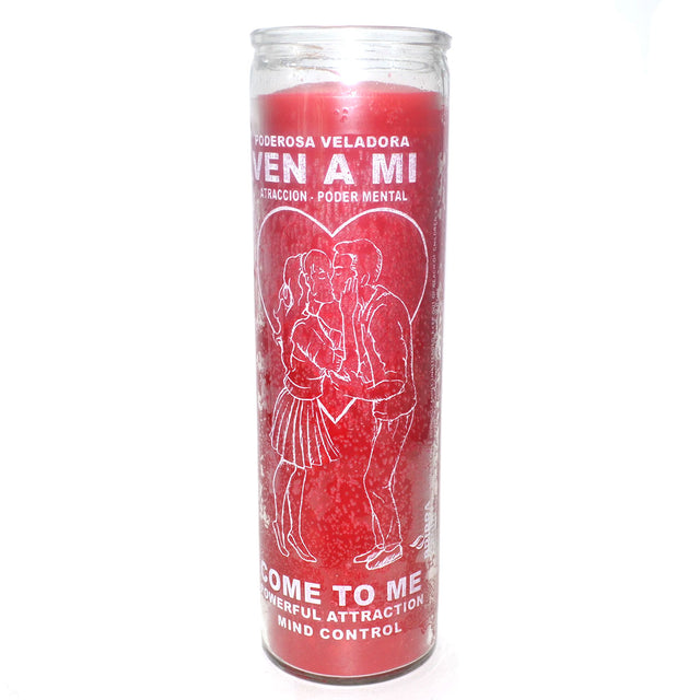 Red 'Come to Me' candle for attraction & mind control, featuring couple in heart design, metaphysical ritual use
