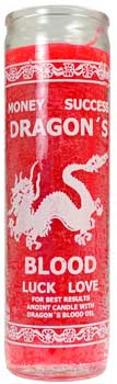 Red Dragon's Blood luck candle with white dragon design, for success and love rituals