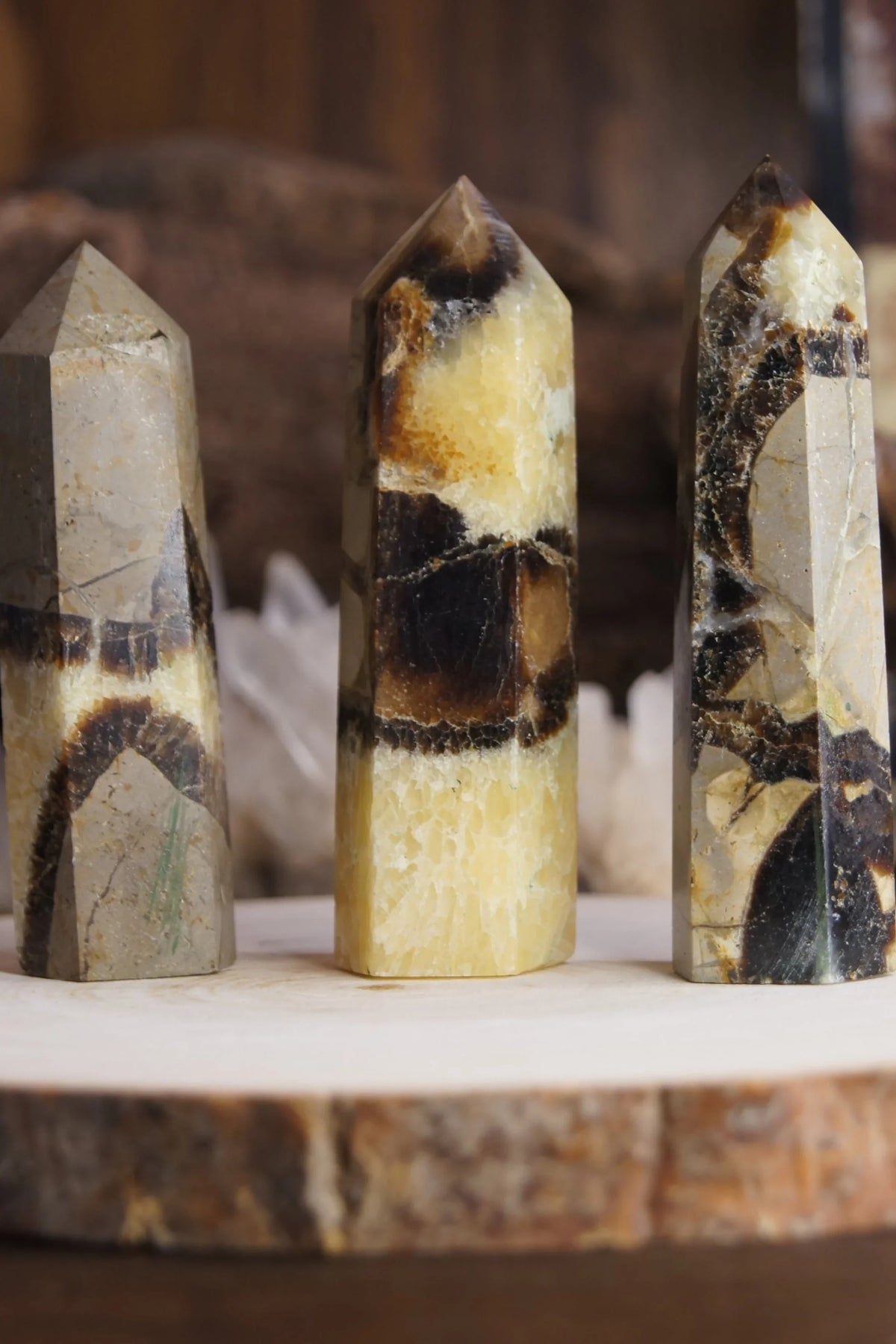 Polished septarian crystal towers with yellow and brown bands on a wooden slice display