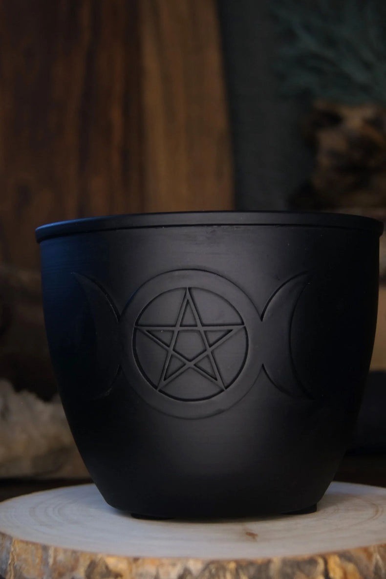 Metal Burn Pot & Pillar Candle Holder - Triple Moon w/ Pentacle Large