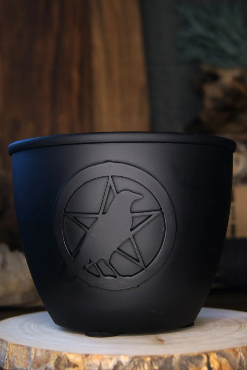 Metal Burn Pot & Pillar Candle Holder - Pentacle w/ Raven Large