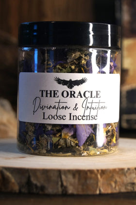 Jar of The Oracle divination and intuition loose incense with dried herbs and flowers