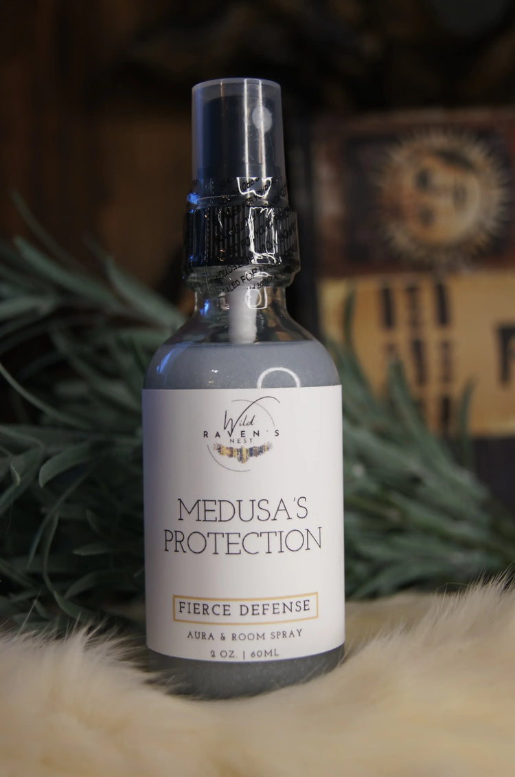 Medusa's Protection Fierce Defense aura and room spray bottle with spiritual decor