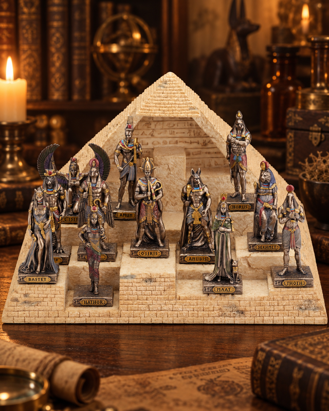 Ancient Egyptian figurines arranged on a beige pyramid model base, photographed in a styled interior scene with candles, books, and scrolls in the background.
