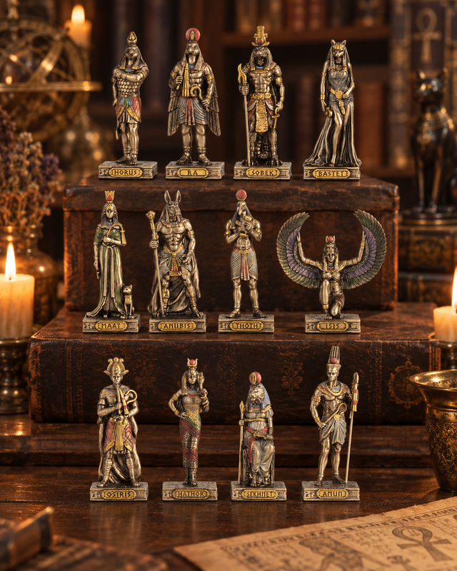 Ancient Egyptian deity and pharaoh figurines displayed on a wooden shelf and tabletop, surrounded by lit candles and antique-style decor.