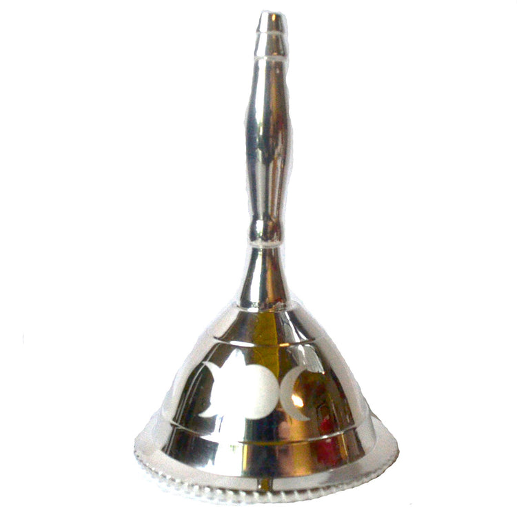 Silver ritual bell with triple moon symbol for spiritual practices and meditation