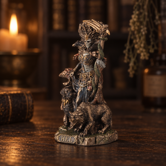 A detailed figurine of a Hel with a sword, standing atop a wolf, on a dark wooden table with a warm, candle-lit background.