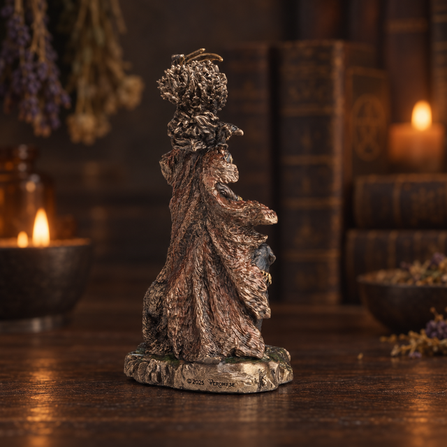 A small decorative figurine of a robed woman with a floral headdress, standing on a textured base, photographed on a wooden surface with blurred candles and books in the background.
