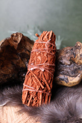 Sarimoire Dragon's Blood Sage bundle tied with string on driftwood and grey feathers.