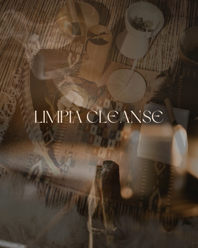 Limpia cleanse ritual setup with smudging tools, crystals, and spiritual items on woven mat
