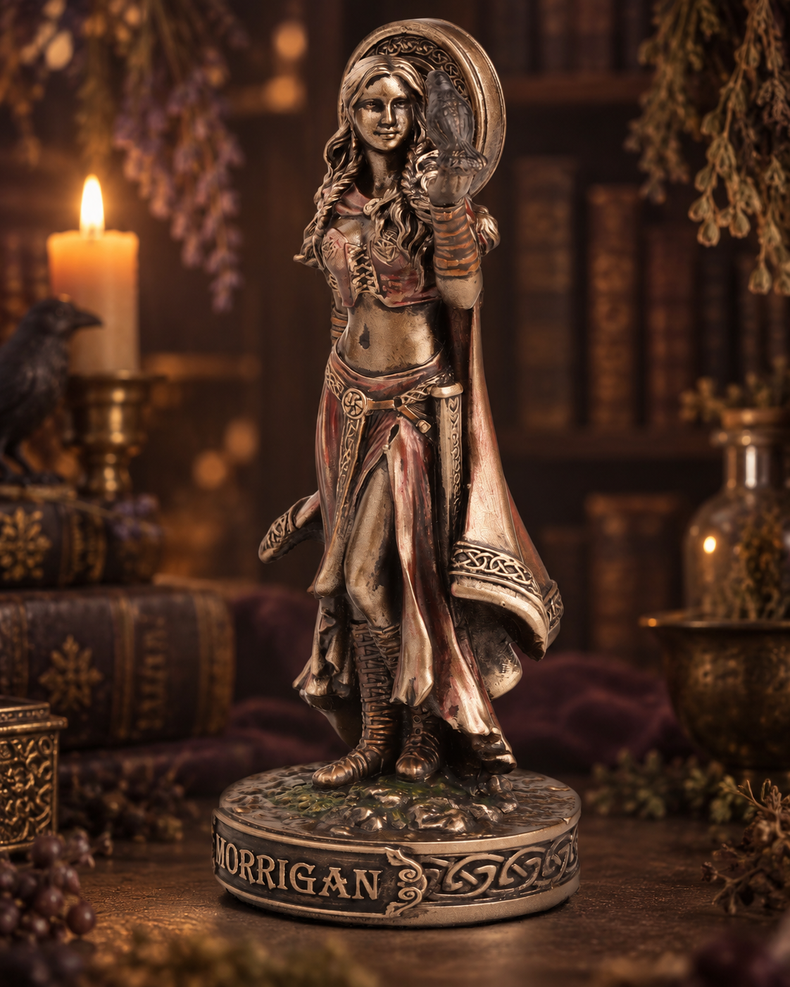 A detailed figurine of the goddess Morrigan standing on a circular base inscribed with 'MORRIGAN'. The statue features a weathered metallic finish with bronze, copper, and dark brown tones, set against a dark, atmospheric background of old books, a lit candle, and dried botanicals.