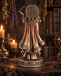 A detailed fantasy figurine of a cloaked female figure with a bird on her shoulder and a circular shield, styled on a dark table with candles and books in the background.