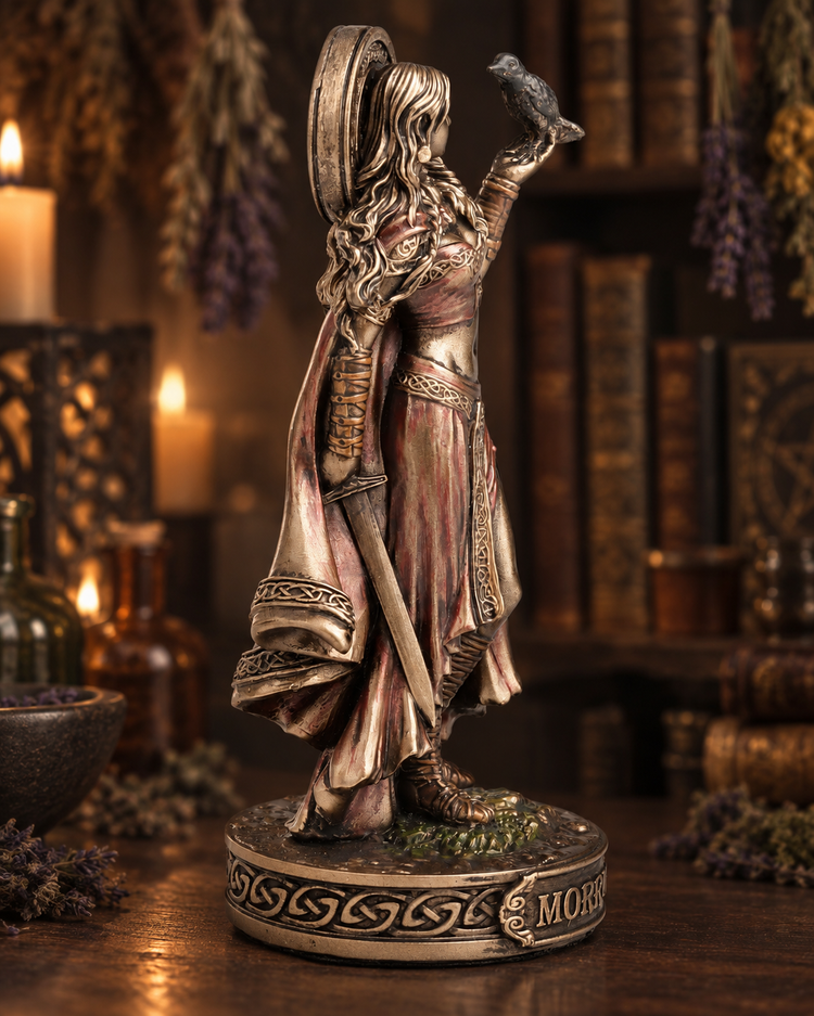A fantasy warrior figurine with a bird on her raised hand, standing on a decorative base in a warmly lit, rustic room with bookshelves and candles in the background.