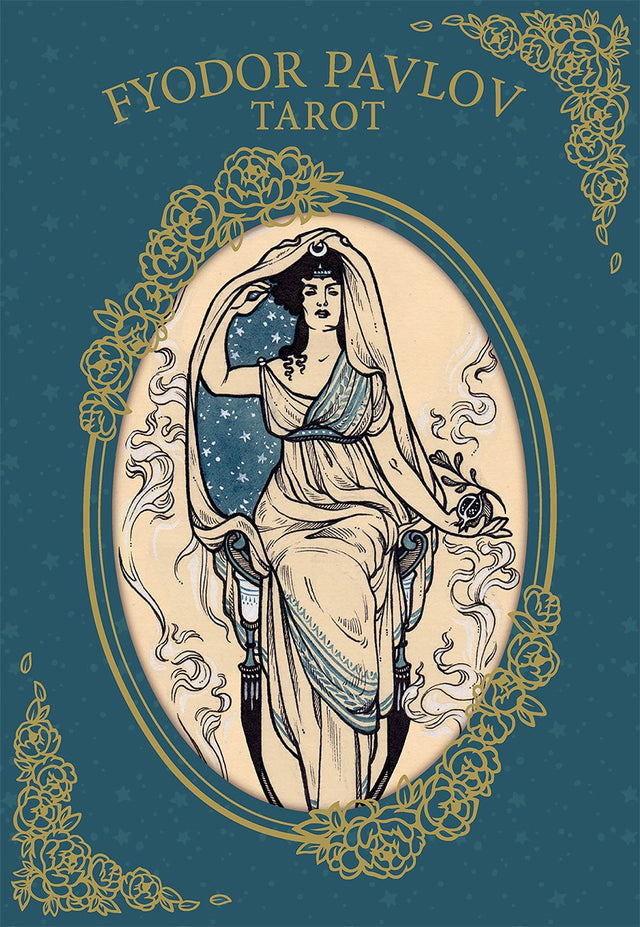 Fyodor Pavlov Tarot deck with elegant celestial artwork and ornate gold floral borders