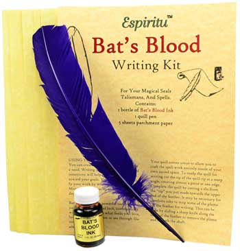 Bat's Blood writing kit with bottle of magical ink, feather quill, and parchment sheets
