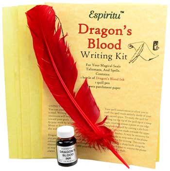 Dragon's Blood writing kit with bottle of red magical ink, feather quill, and parchment sheets