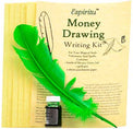 Money Drawing writing kit with bottle of green magical ink, quill pen, and parchment sheets