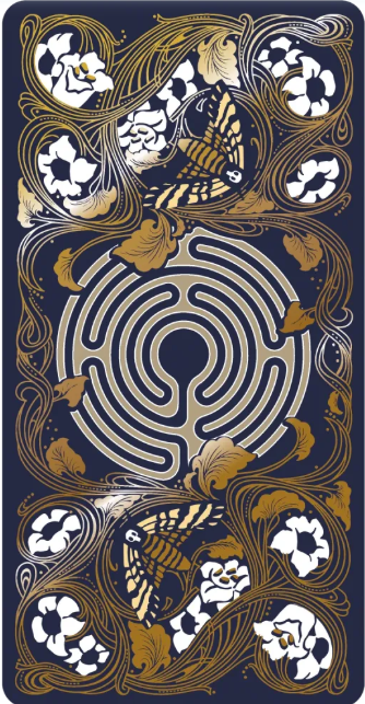 Intricate tarot card with golden raven, floral patterns, and labyrinth design on dark blue background