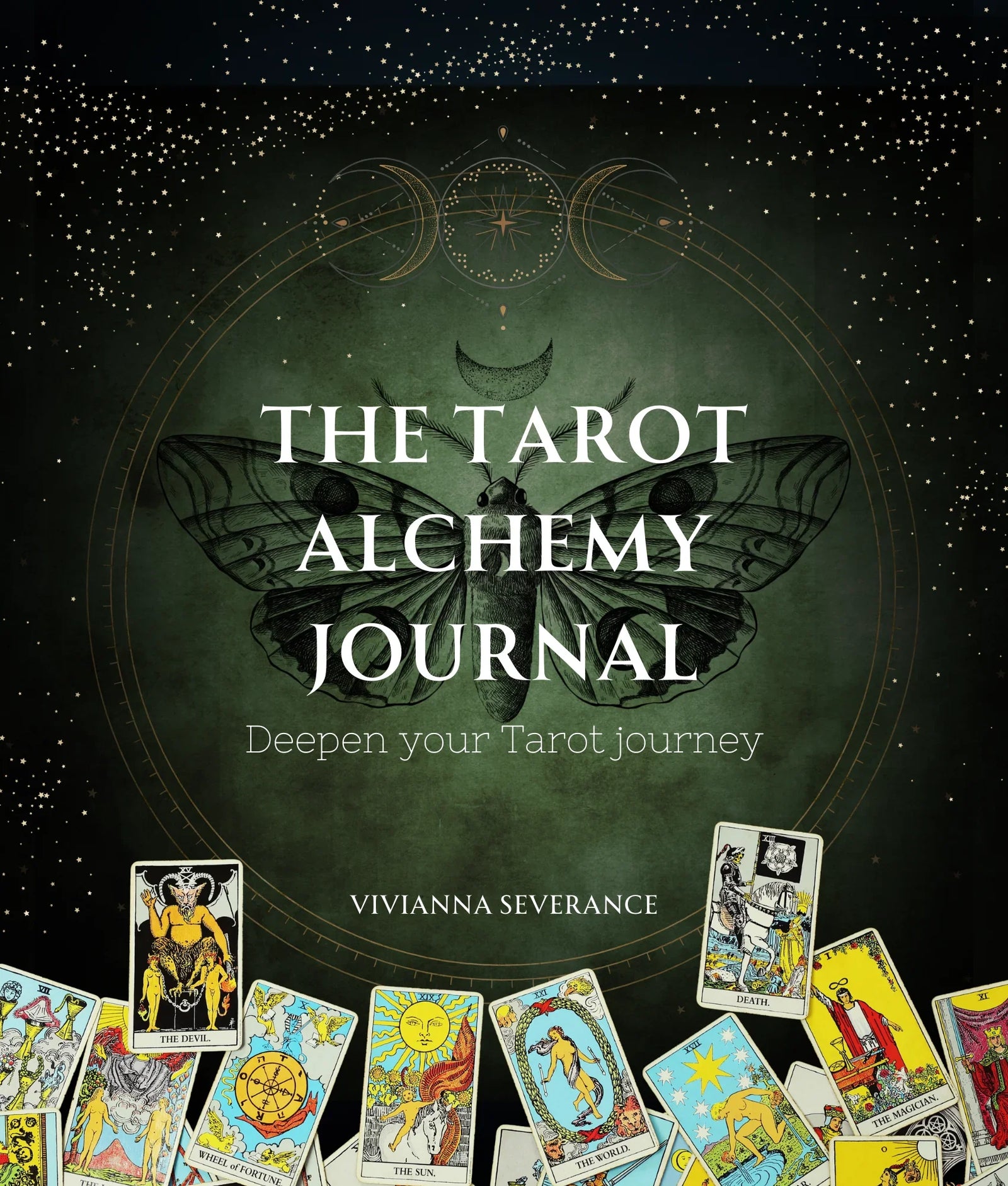 Tarot Alchemy Journal cover with illustrated tarot cards, moth artwork, and celestial symbols.