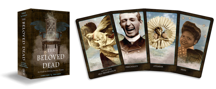 The Beloved Dead oracle tarot deck box with four illustrated ancestor wisdom cards displayed