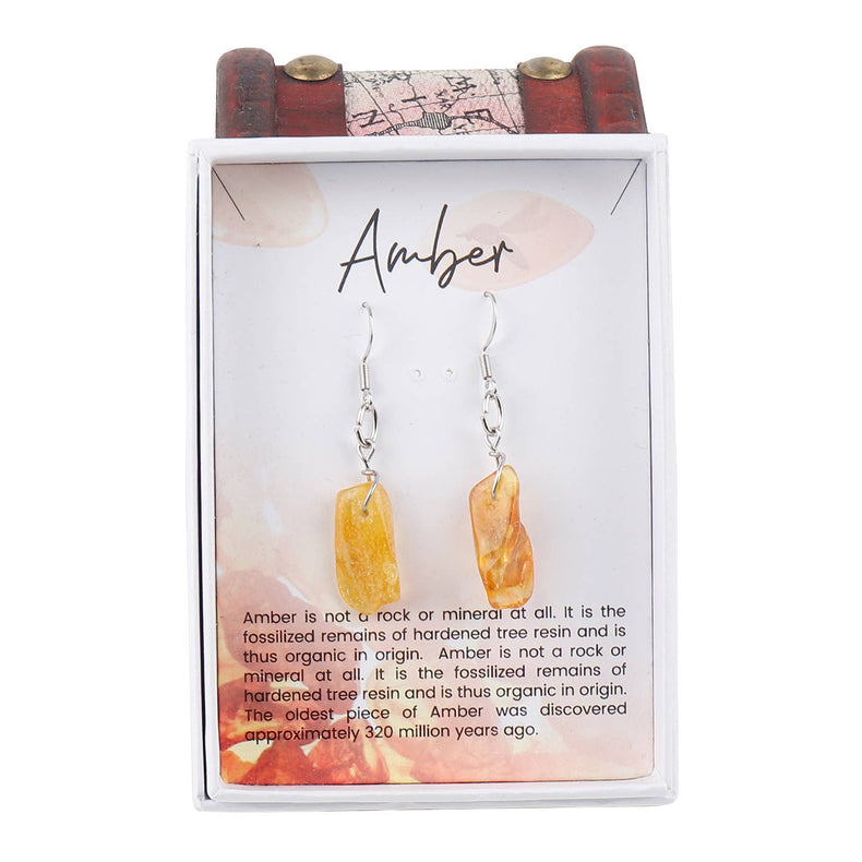 Amber stone dangle earrings on display card in decorative box, crystal jewelry