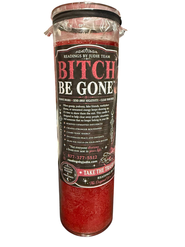 Red 'Bitch Be Gone' candle for removing drama and negativity, ideal for spiritual cleansing and energy clearing.