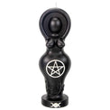 Black goddess figure candle with pentacle and triple moon symbols, metaphysical decor