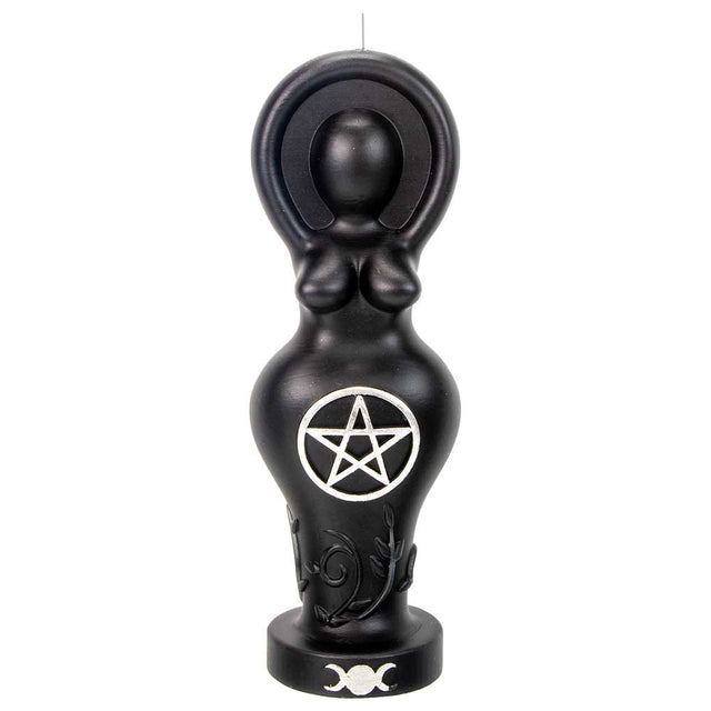 Black goddess figure candle with pentacle and triple moon symbols, metaphysical decor