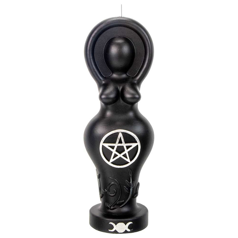 Black goddess figure candle with pentacle and triple moon symbols, metaphysical decor