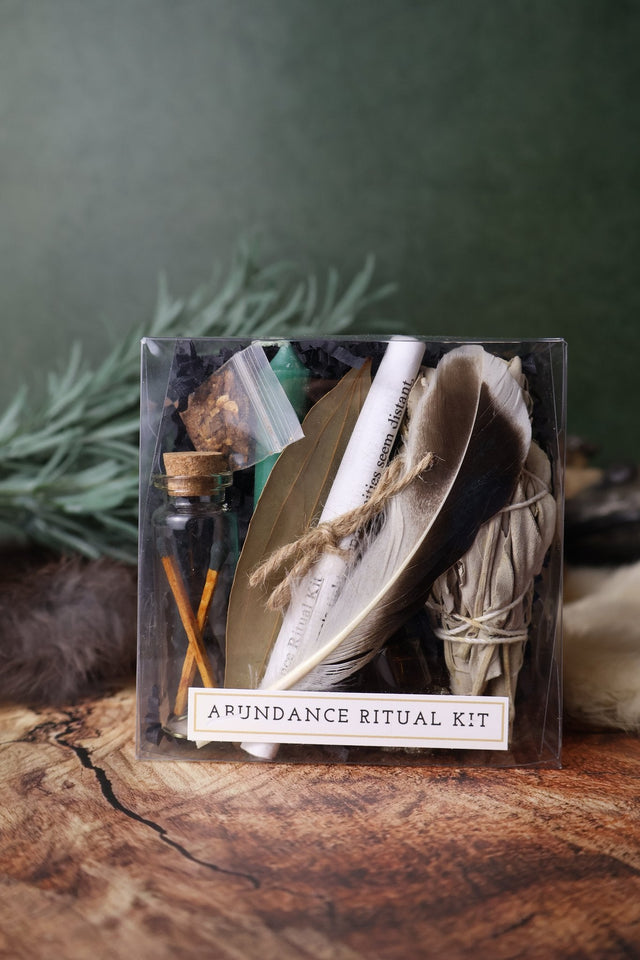 Abundance ritual kit with feather, sage and herbs