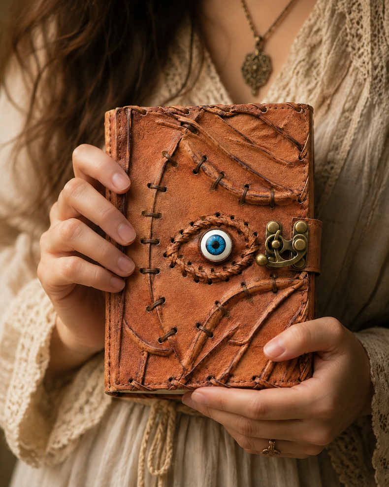 Hand holding a rustic leather journal with blue eye charm, perfect for tarot or spiritual practice.