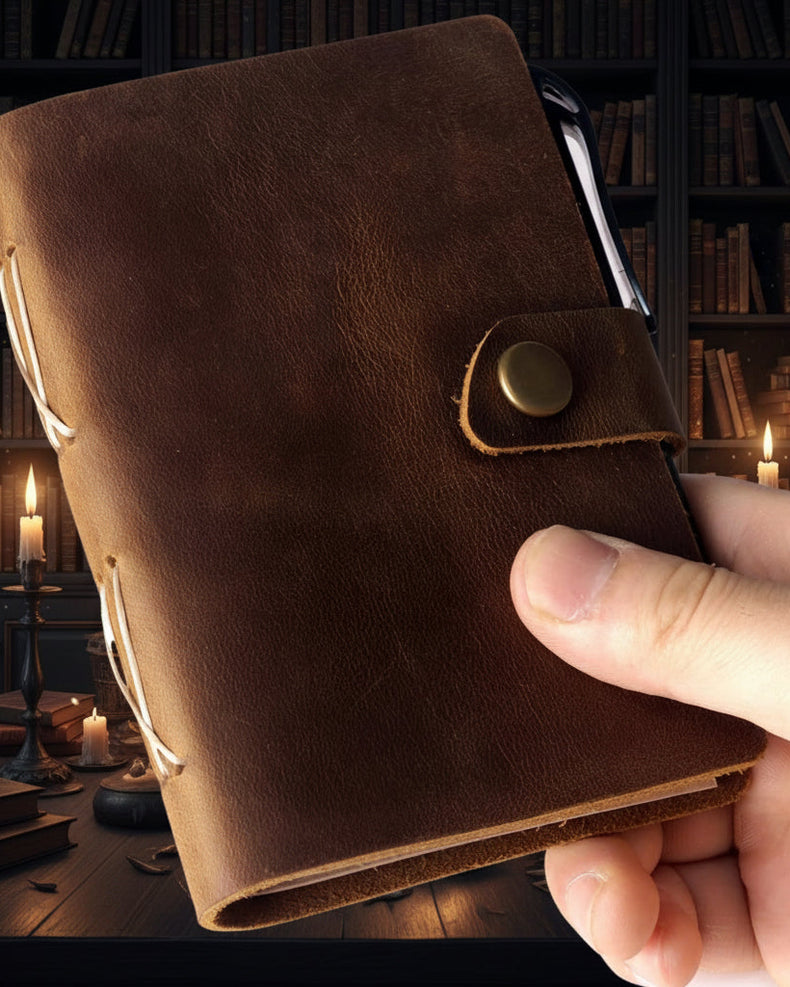 Hand holding a brown leather journal with snap closure, ideal for tarot notes and spiritual practice.