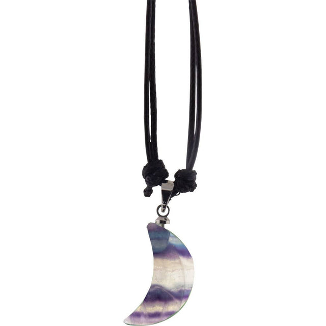 Purple and white crescent moon crystal pendant on black cord necklace