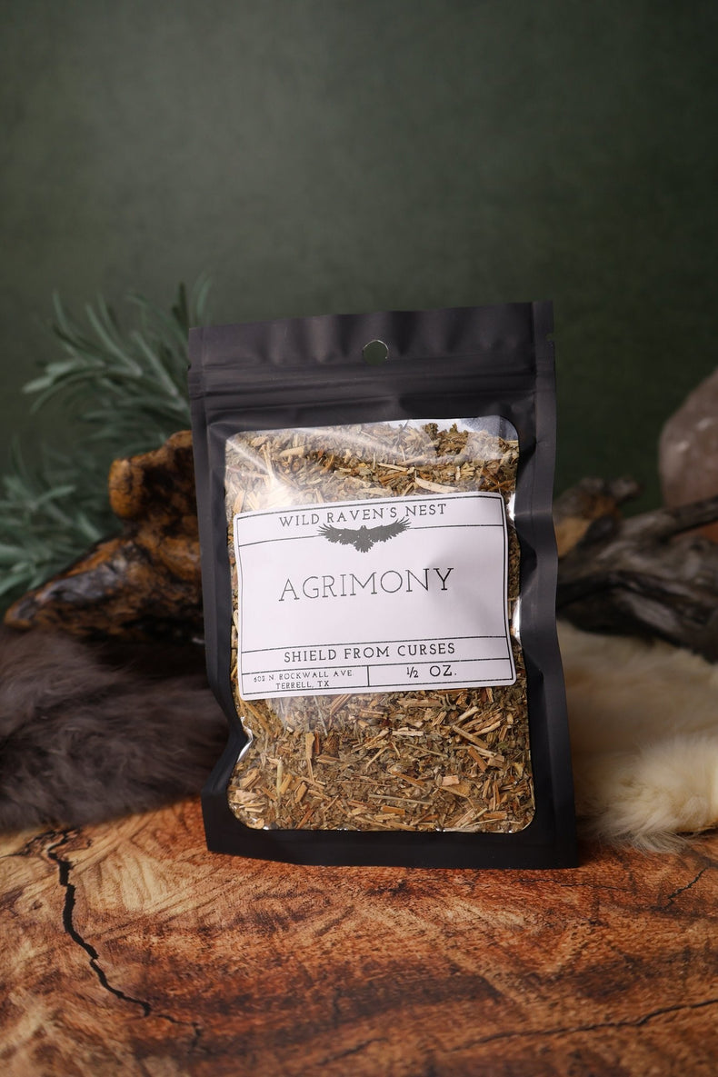 Agrimony dried herb in a 1/2 oz Wild Raven's Nest bag, Shield from Curses