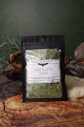 Alfalfa Leaf dried herb in a 1/2 oz Wild Raven's Nest bag, Financial Stability