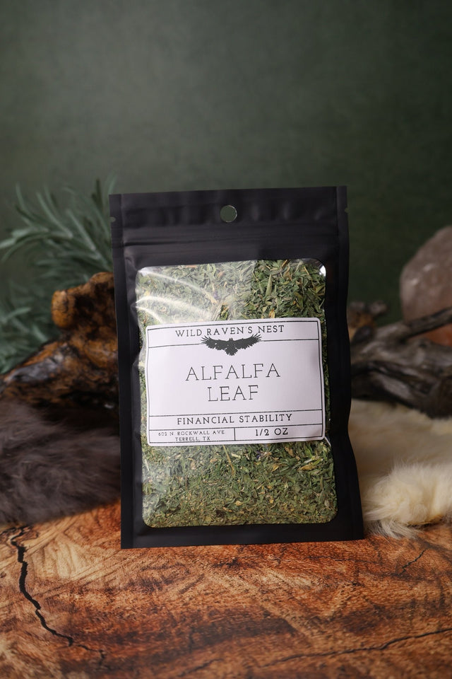 Alfalfa Leaf dried herb in a 1/2 oz Wild Raven's Nest bag, Financial Stability