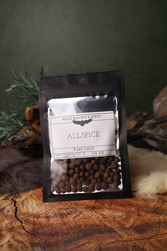 Allspice dried herb in a 1/2 oz Wild Raven's Nest bag, Fast Luck