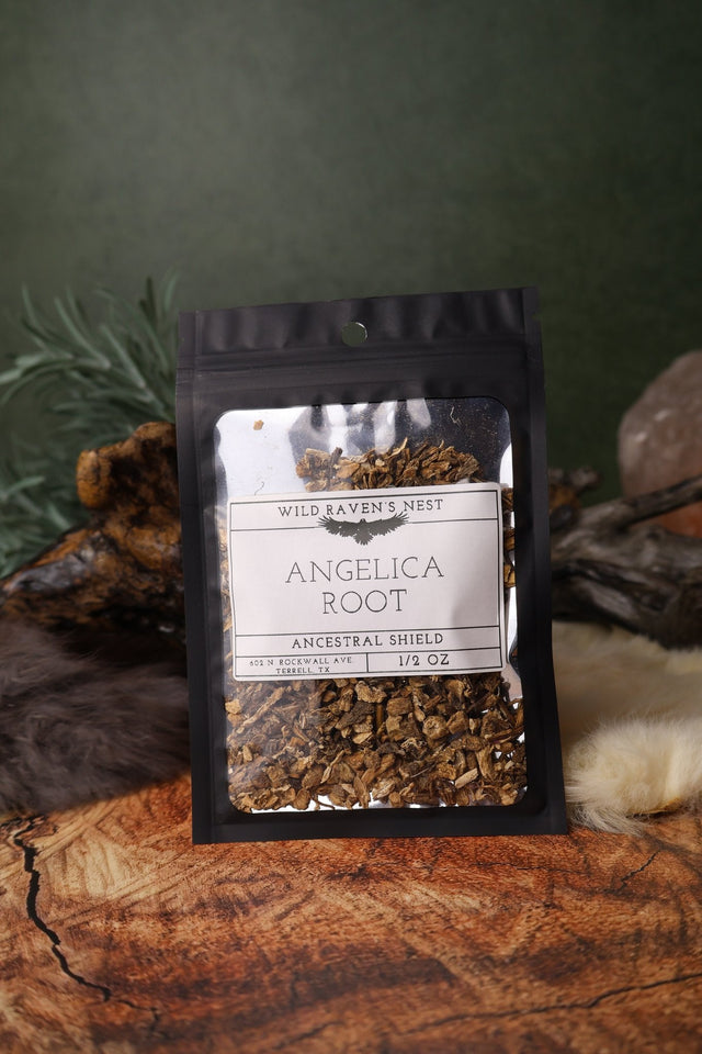 Angelica Root dried herb in a 1/2 oz Wild Raven's Nest bag, Ancestral Shield