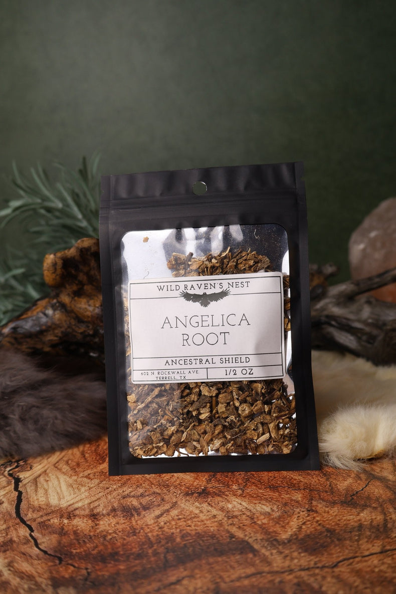 Angelica Root dried herb in a 1/2 oz Wild Raven's Nest bag, Ancestral Shield