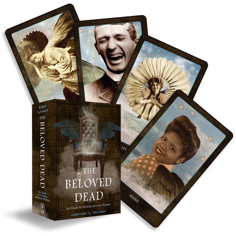 The Beloved Dead oracle deck box with vintage-style illustrated tarot cards displayed