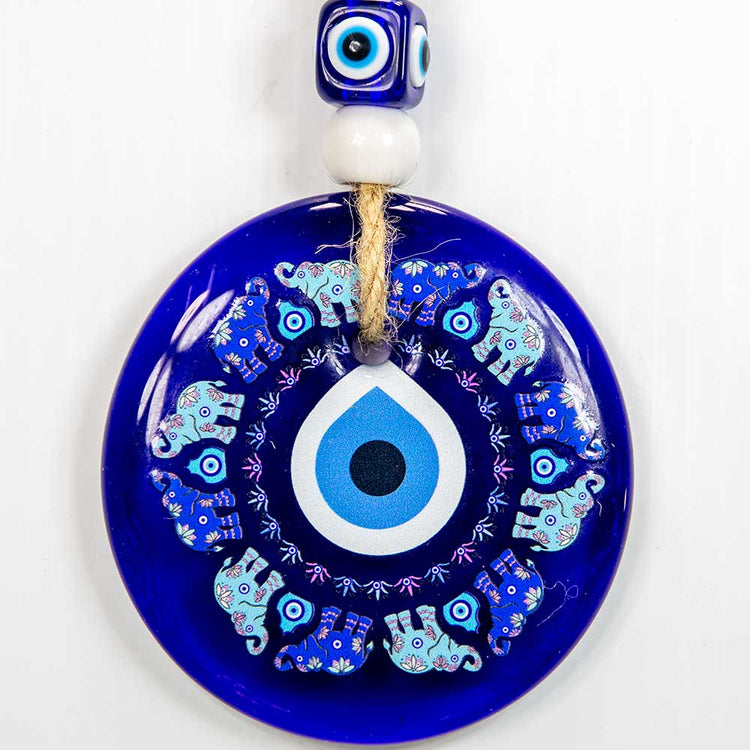 Glass Evil Eye Wall Hanging Talisman Circle of  Elephants