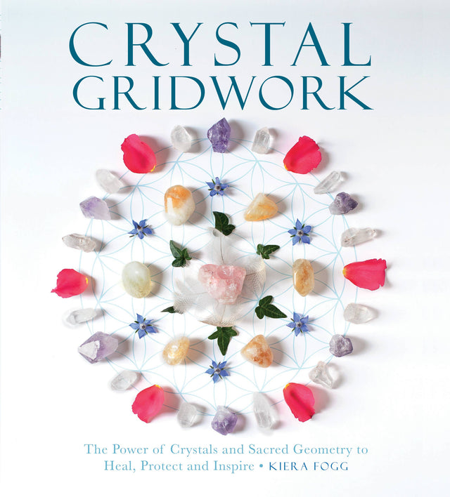 Crystal Gridwork book cover with healing crystals, sacred geometry, and flower petals