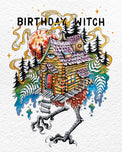 Birthday Witch watercolor artwork of Baba Yaga hut on chicken legs