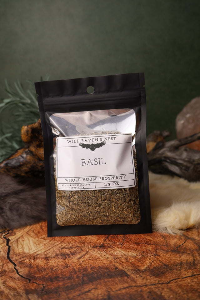 Basil dried herb in a 1/2 oz Wild Raven's Nest bag, Whole House Prosperity