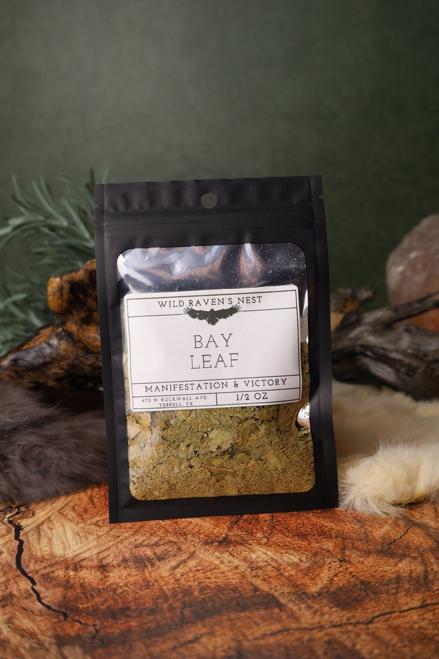 Bay Leaf Cut dried herb in a 1/2 oz Wild Raven's Nest bag, Manifestation & Victory