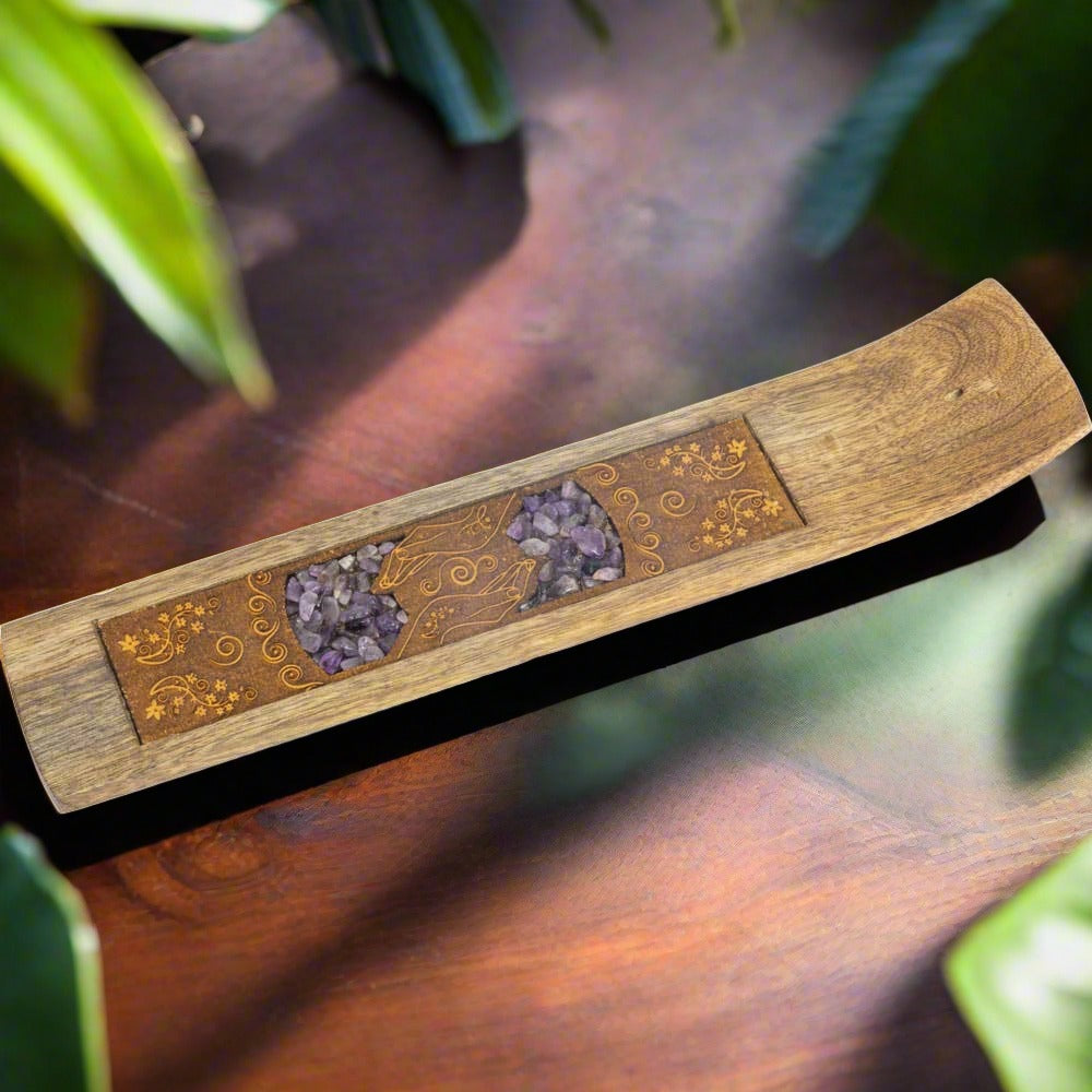 Laser Etched Wood Incense Holder - Healing Hands w/ Amethyst