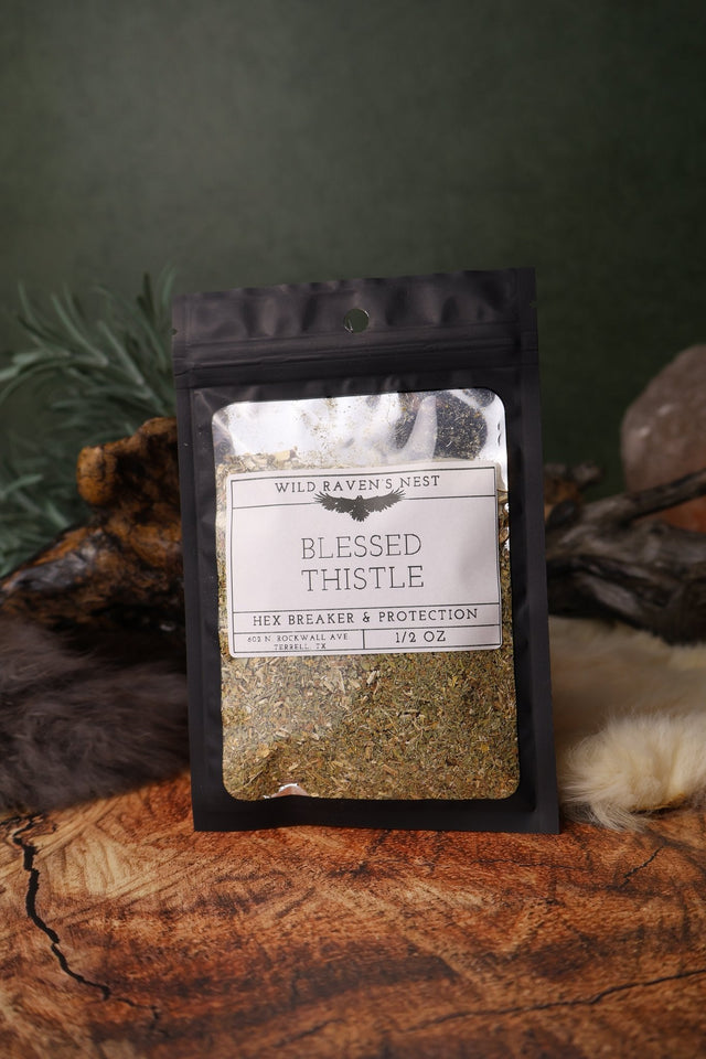Blessed Thistle dried herb in a 1/2 oz Wild Raven's Nest bag, Hex Breaker & Protection