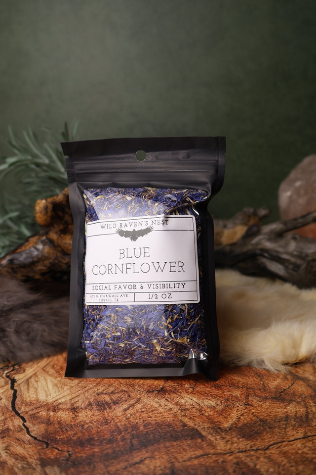 Blue Cornflower dried herb in a 1/2 oz Wild Raven's Nest bag, Social Favor & Visibility