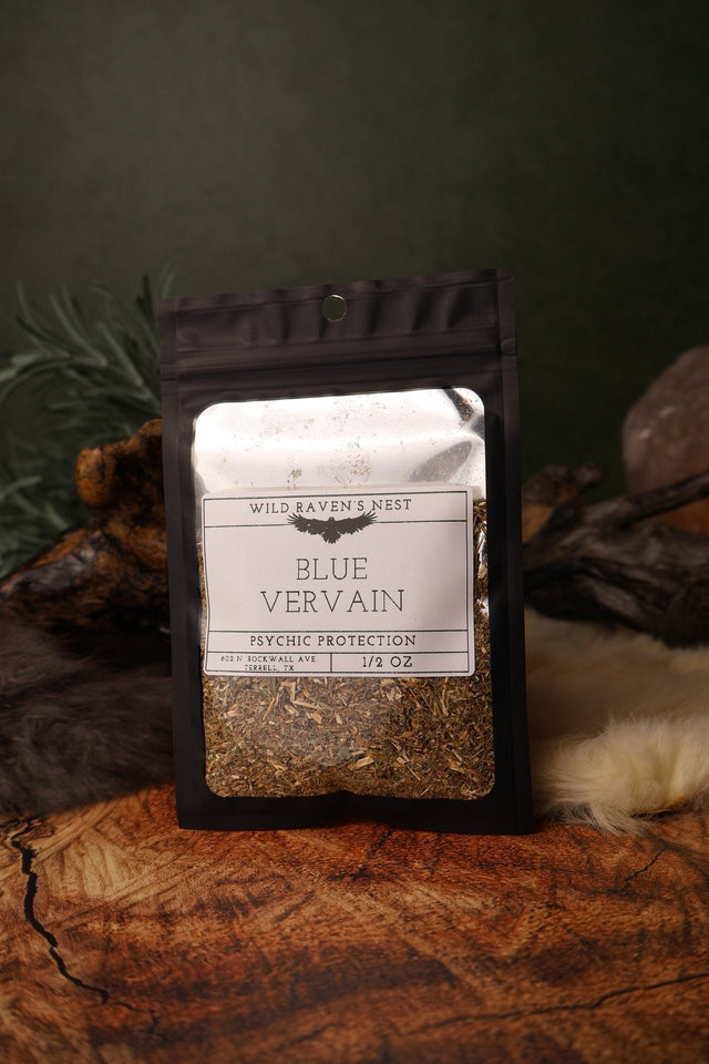 Blue Vervain dried herb in a 1/2 oz Wild Raven's Nest bag, Psychic Protection